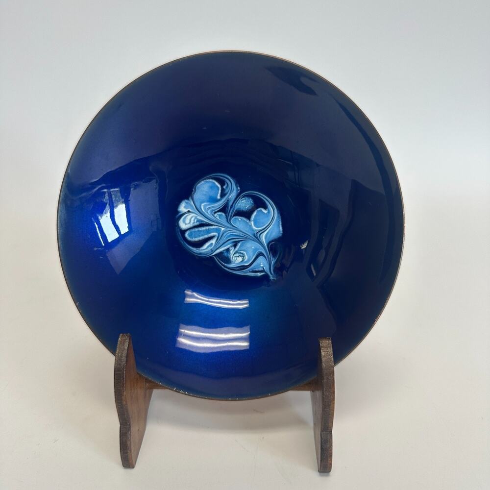 Vintage Statham Enamel Copper Blue Dish Plate Pulled Swirl Feather Mid Century